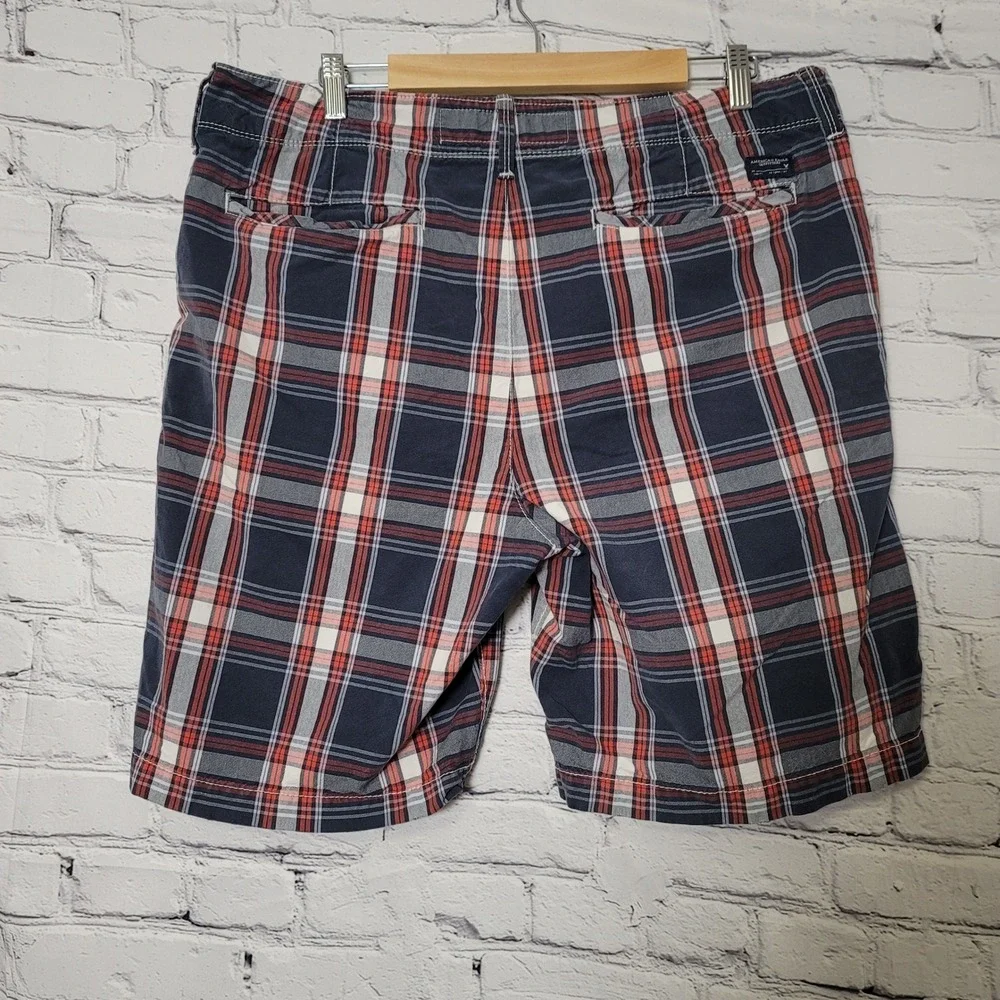 American Eagle Mens Plaid Shorts 36 Classic Preppy Length Navy Blue Red‎ Cotton
